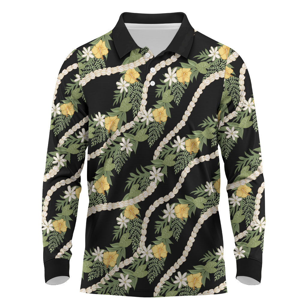 Hawaiian Pikake Maile Lei Long Sleeve Polo Shirt Tiare Hibiscus Kalo Palapalai Leaf Black