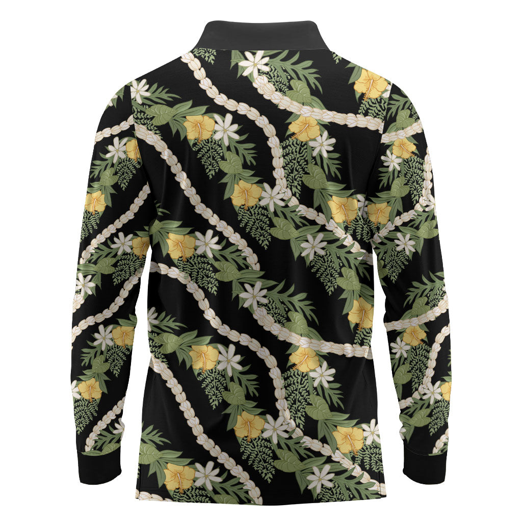 Hawaiian Pikake Maile Lei Long Sleeve Polo Shirt Tiare Hibiscus Kalo Palapalai Leaf Black