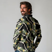 Hawaiian Pikake Maile Lei Long Sleeve Polo Shirt Tiare Hibiscus Kalo Palapalai Leaf Black