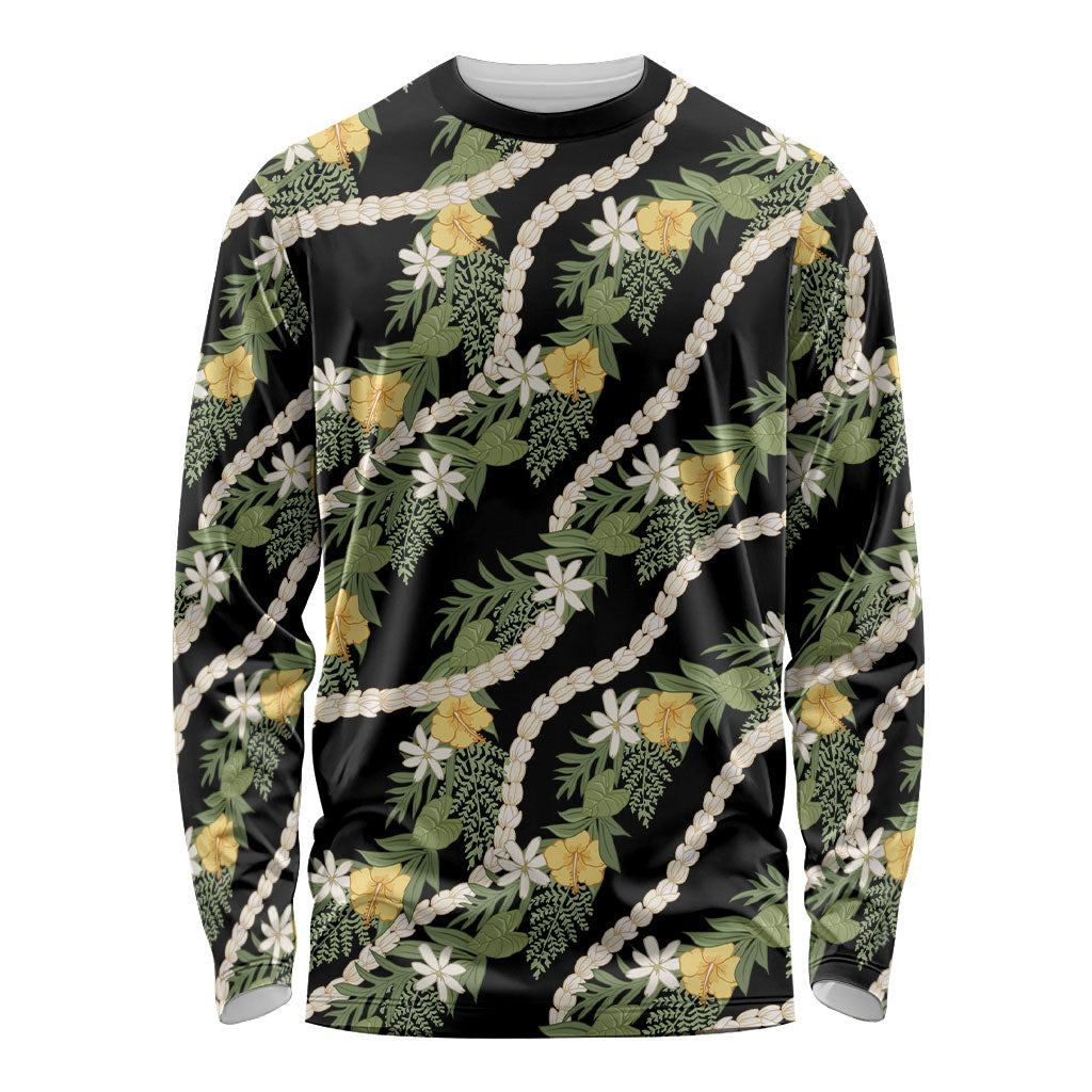 Hawaiian Pikake Maile Lei Long Sleeve Shirt Tiare Hibiscus Kalo Palapalai Leaf Black
