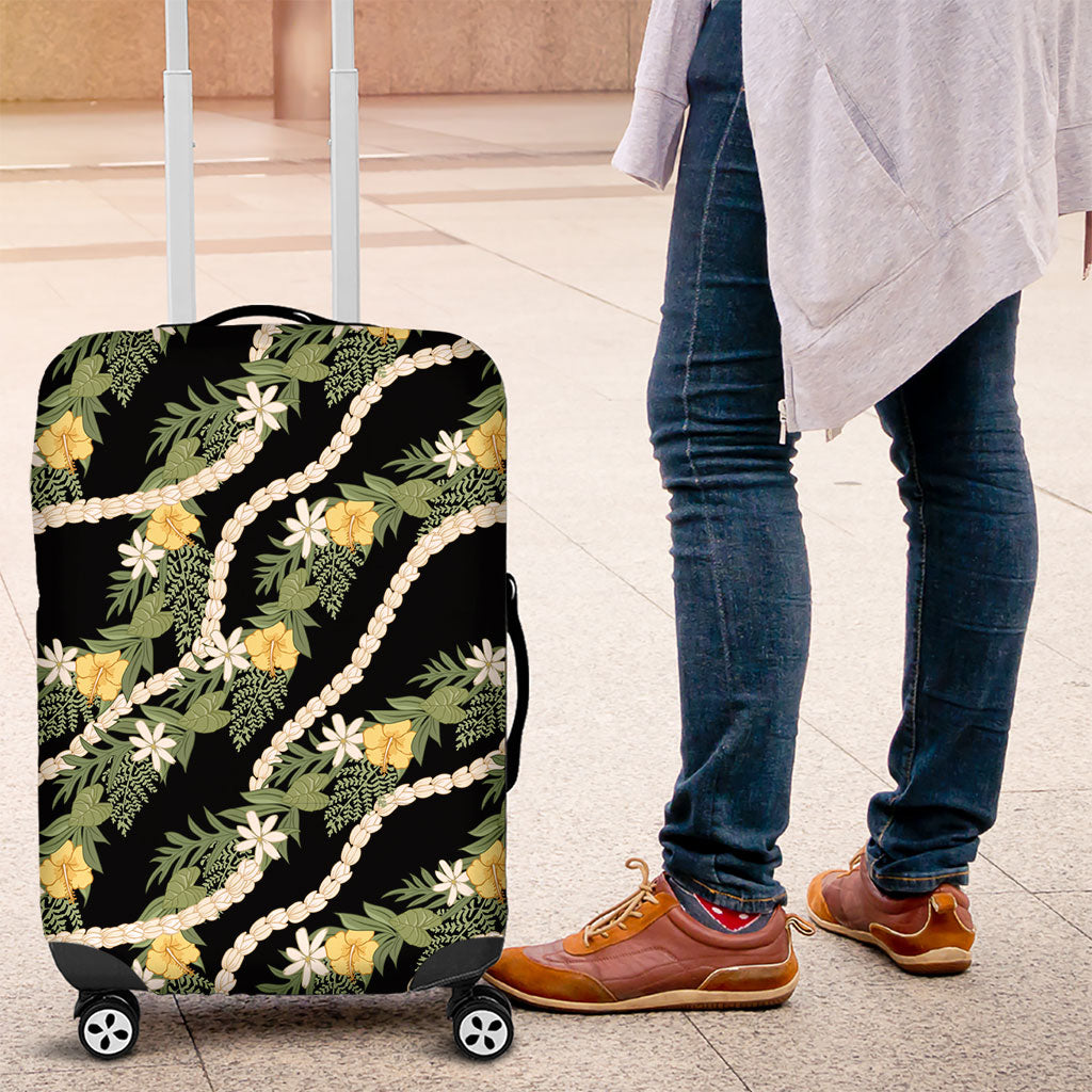 Hawaiian Pikake Maile Lei Luggage Cover Tiare Hibiscus Kalo Palapalai Leaf Black