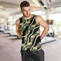 Hawaiian Pikake Maile Lei Men Tank Top Tiare Hibiscus Kalo Palapalai Leaf Black