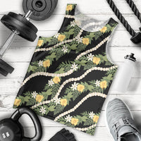 Hawaiian Pikake Maile Lei Men Tank Top Tiare Hibiscus Kalo Palapalai Leaf Black