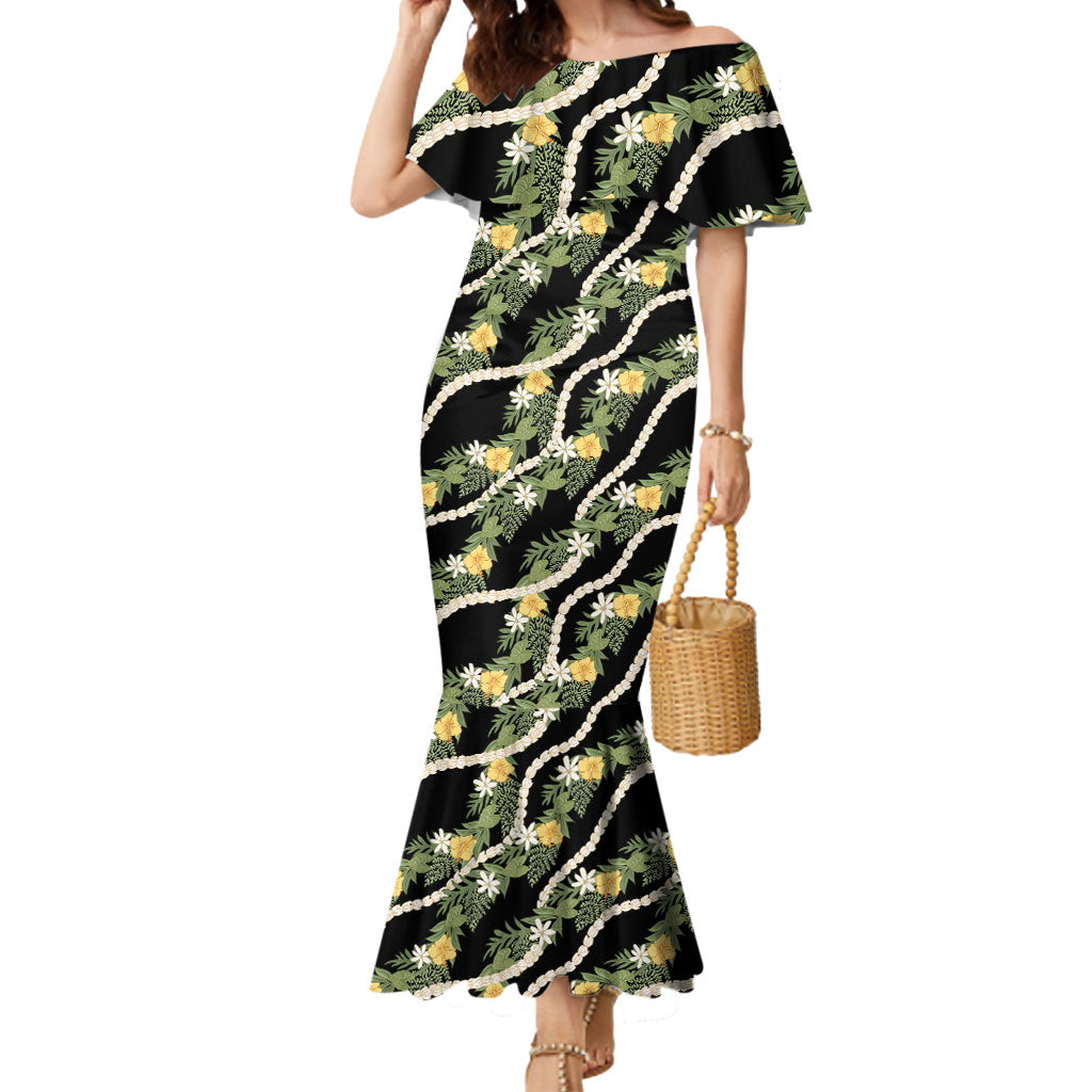 Hawaiian Pikake Maile Lei Mermaid Dress Tiare Hibiscus Kalo Palapalai Leaf Black