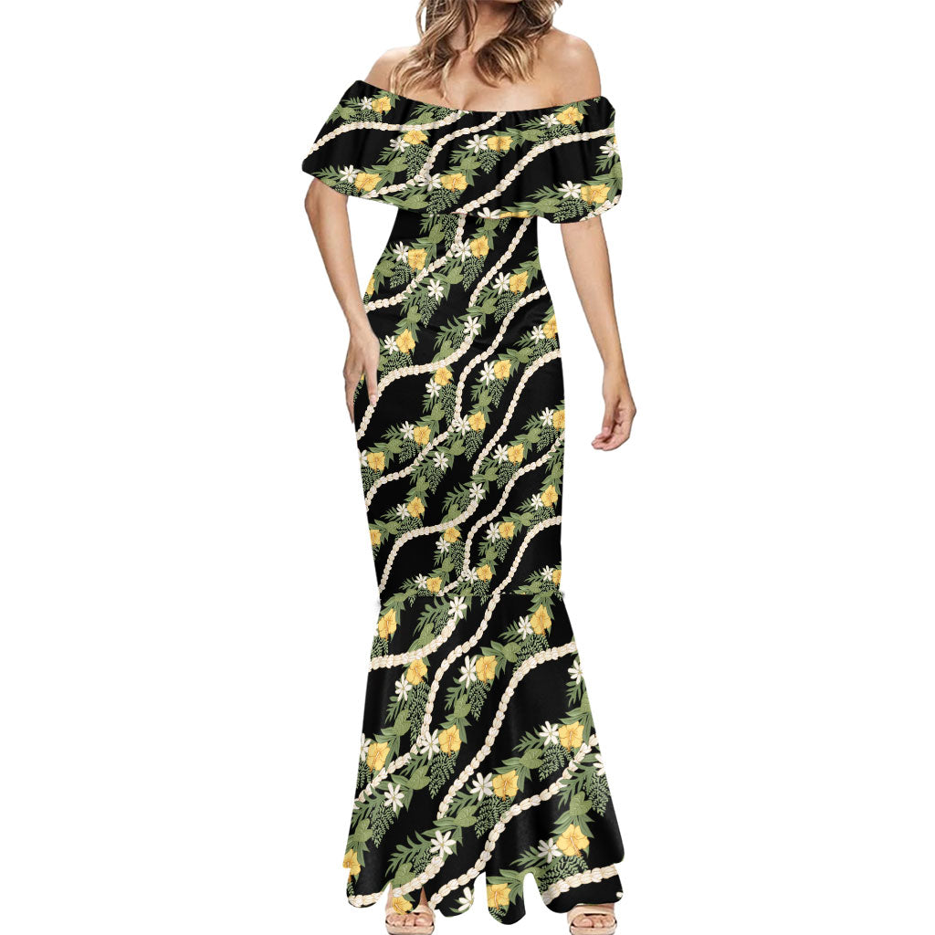 Hawaiian Pikake Maile Lei Mermaid Dress Tiare Hibiscus Kalo Palapalai Leaf Black