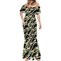Hawaiian Pikake Maile Lei Mermaid Dress Tiare Hibiscus Kalo Palapalai Leaf Black