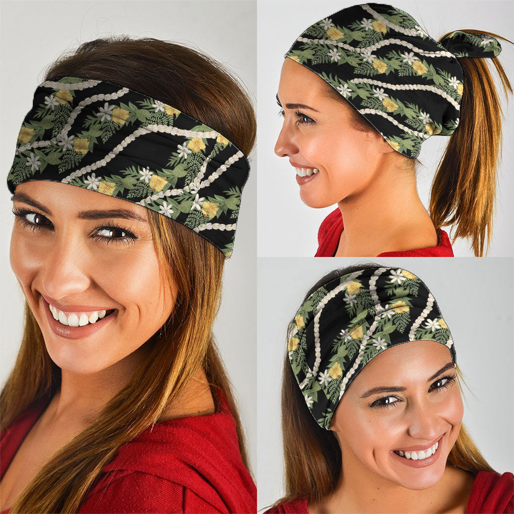 Hawaiian Pikake Maile Lei Neck Gaiter Tiare Hibiscus Kalo Palapalai Leaf Black