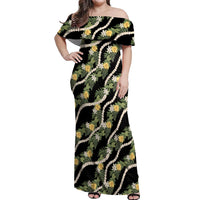 Hawaiian Pikake Maile Lei Off Shoulder Maxi Dress Tiare Hibiscus Kalo Palapalai Leaf Black