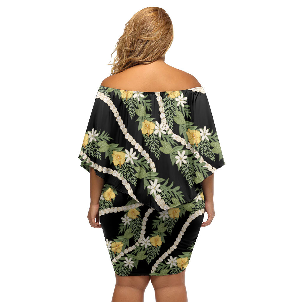 Hawaiian Pikake Maile Lei Off Shoulder Short Dress Tiare Hibiscus Kalo Palapalai Leaf Black