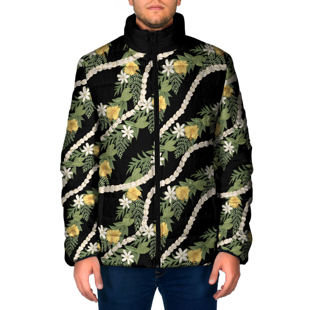 Hawaiian Pikake Maile Lei Padded Jacket Tiare Hibiscus Kalo Palapalai Leaf Black