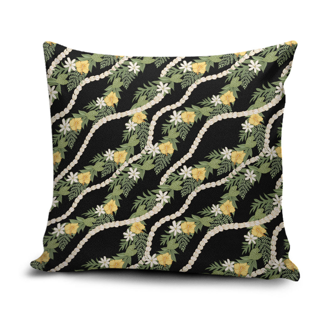 Hawaiian Pikake Maile Lei Pillow Cover Tiare Hibiscus Kalo Palapalai Leaf Black