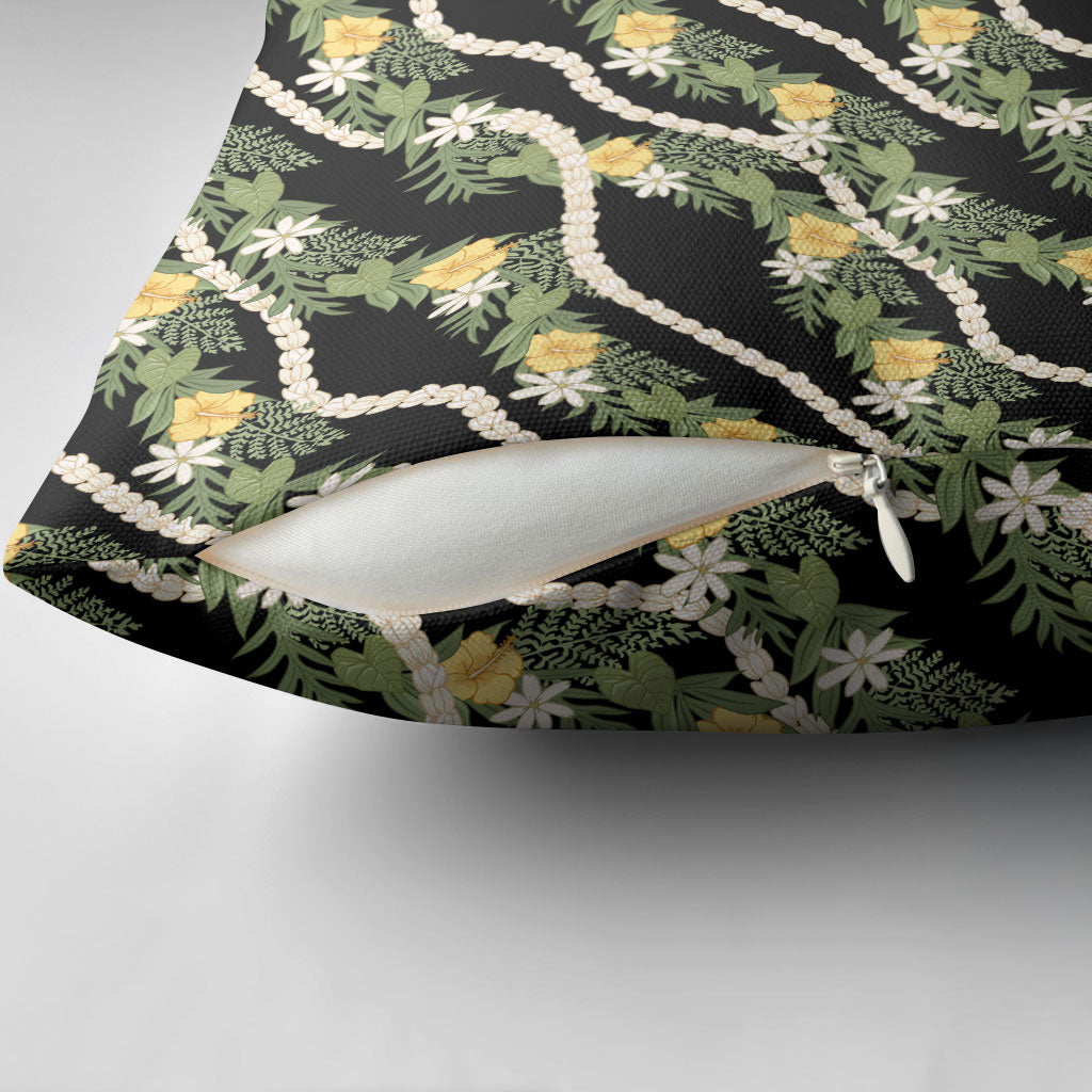 Hawaiian Pikake Maile Lei Pillow Cover Tiare Hibiscus Kalo Palapalai Leaf Black