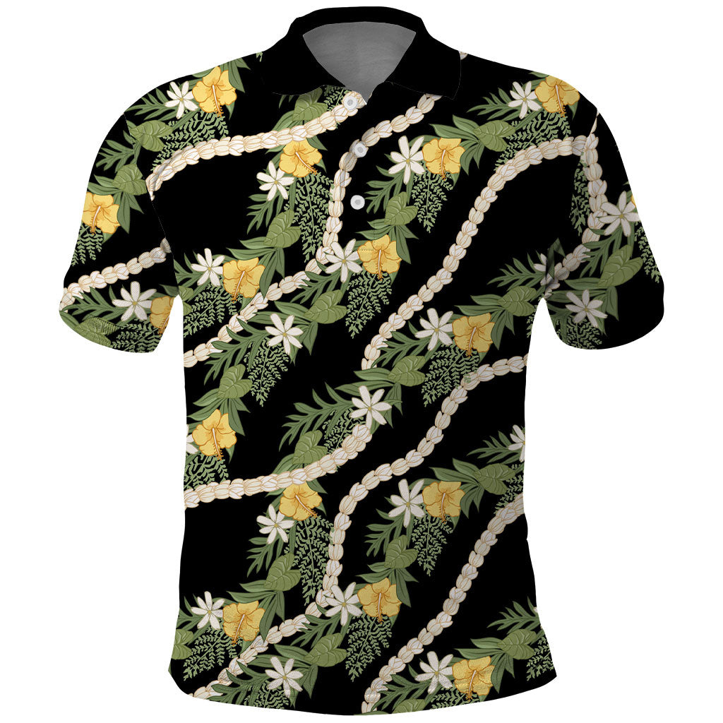 Hawaiian Pikake Maile Lei Polo Shirt Tiare Hibiscus Kalo Palapalai Leaf Black