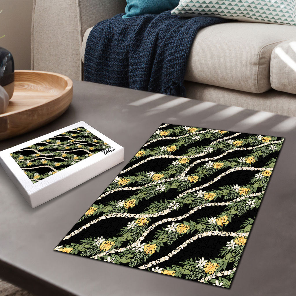 Hawaiian Pikake Maile Lei Puzzle Tiare Hibiscus Kalo Palapalai Leaf Black