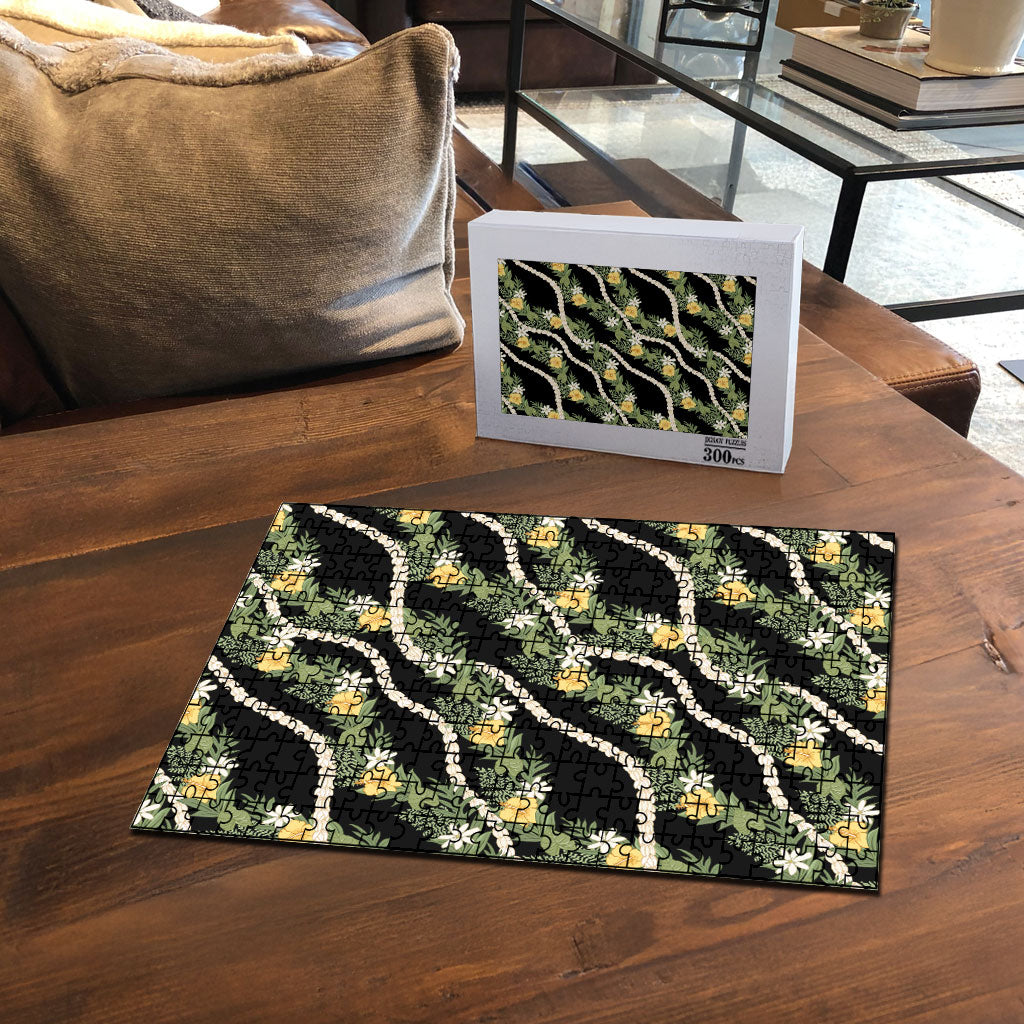 Hawaiian Pikake Maile Lei Puzzle Tiare Hibiscus Kalo Palapalai Leaf Black