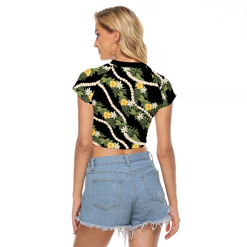 Hawaiian Pikake Maile Lei Raglan Cropped T Shirt Tiare Hibiscus Kalo Palapalai Leaf Black