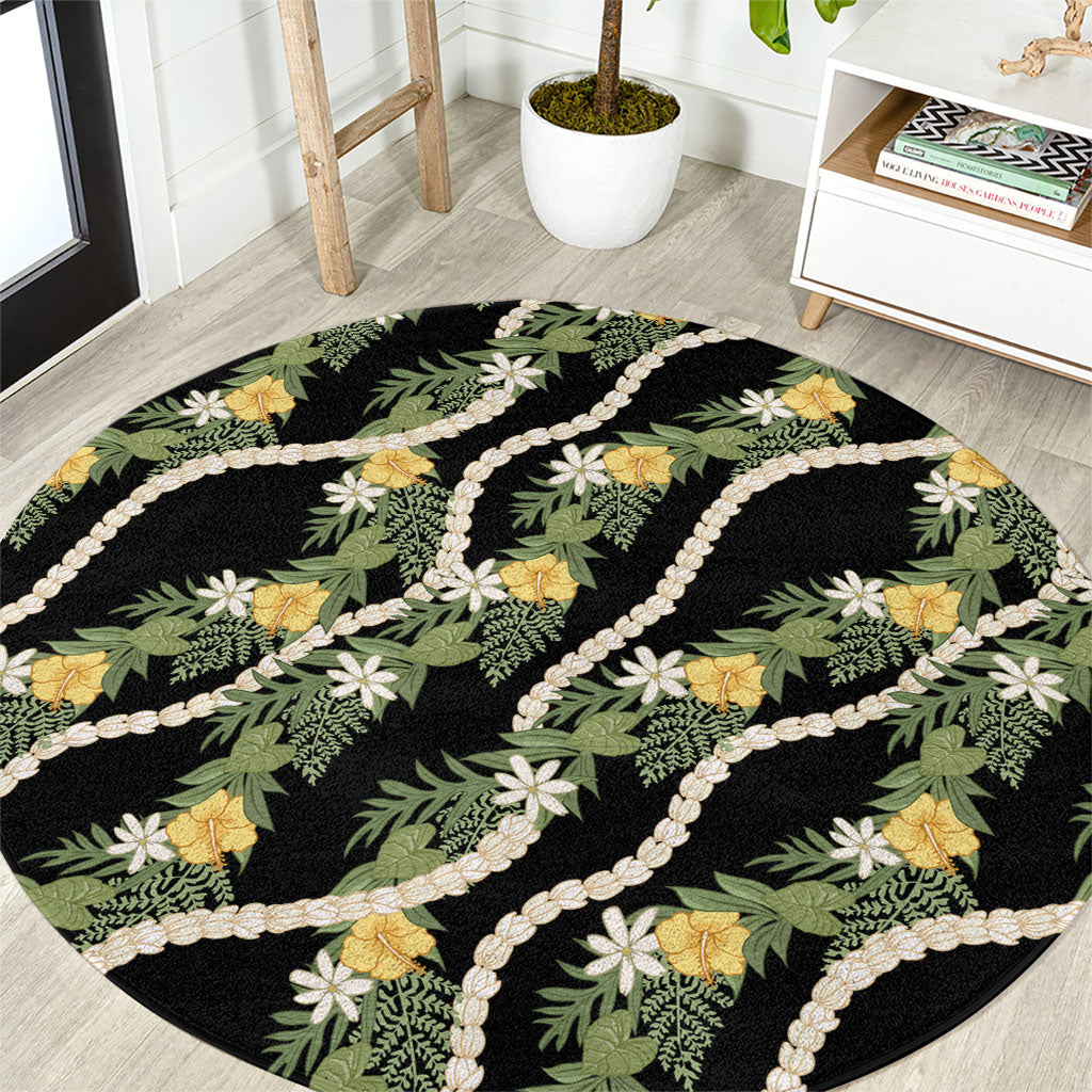 Hawaiian Pikake Maile Lei Round Carpet Tiare Hibiscus Kalo Palapalai Leaf Black