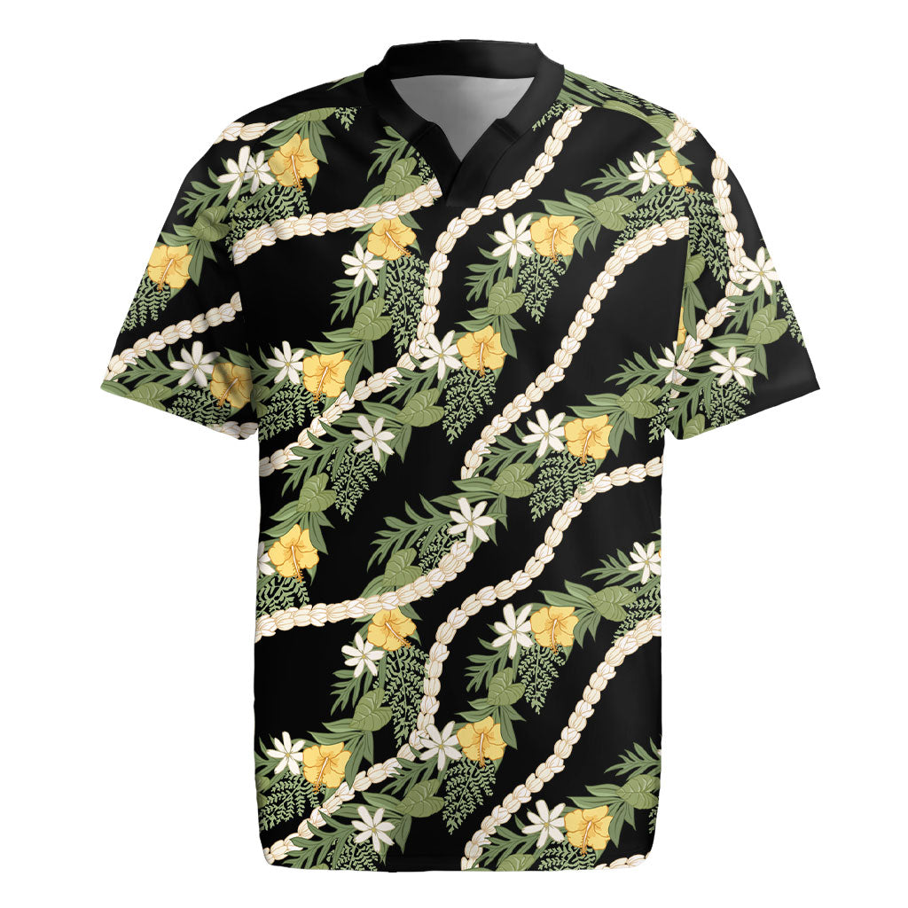 Hawaiian Pikake Maile Lei Rugby Jersey Tiare Hibiscus Kalo Palapalai Leaf Black LT19 Black - Polynesian Pride