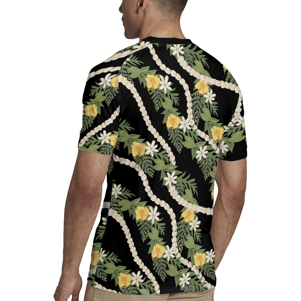 Hawaiian Pikake Maile Lei Rugby Jersey Tiare Hibiscus Kalo Palapalai Leaf Black LT19 - Polynesian Pride