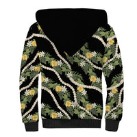Hawaiian Pikake Maile Lei Sherpa Hoodie Tiare Hibiscus Kalo Palapalai Leaf Black