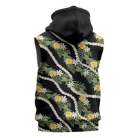 Hawaiian Pikake Maile Lei Sleeveless Hoodie Tiare Hibiscus Kalo Palapalai Leaf Black