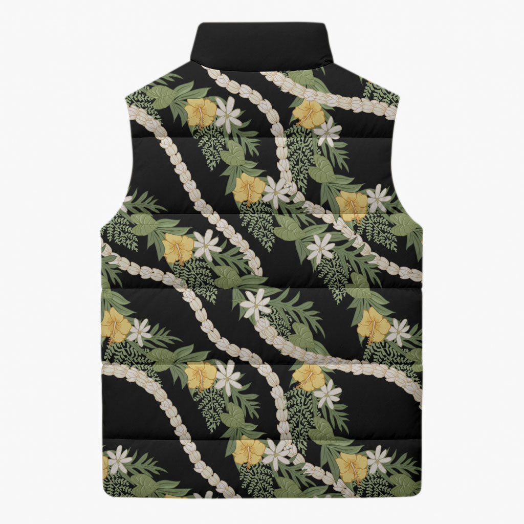 Hawaiian Pikake Maile Lei Sleeveless Puffer Jacket Tiare Hibiscus Kalo Palapalai Leaf Black