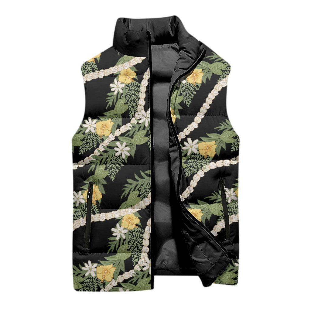 Hawaiian Pikake Maile Lei Sleeveless Puffer Jacket Tiare Hibiscus Kalo Palapalai Leaf Black