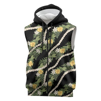 Hawaiian Pikake Maile Lei Sleeveless Zip Hoodie Tiare Hibiscus Kalo Palapalai Leaf Black