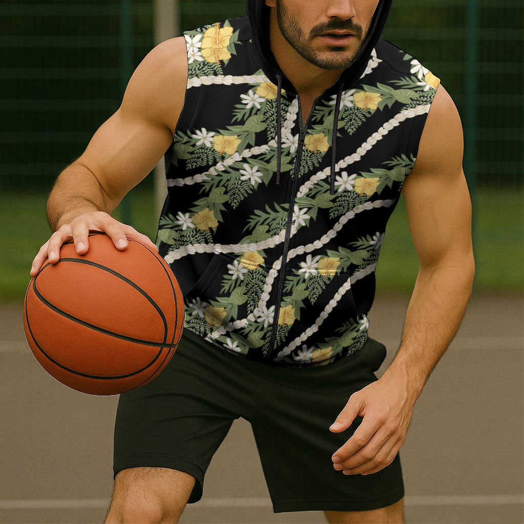 Hawaiian Pikake Maile Lei Sleeveless Zip Hoodie Tiare Hibiscus Kalo Palapalai Leaf Black