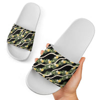 Hawaiian Pikake Maile Lei Slide Sandals Tiare Hibiscus Kalo Palapalai Leaf Black
