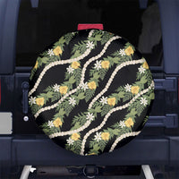 Hawaiian Pikake Maile Lei Spare Tire Cover Tiare Hibiscus Kalo Palapalai Leaf Black
