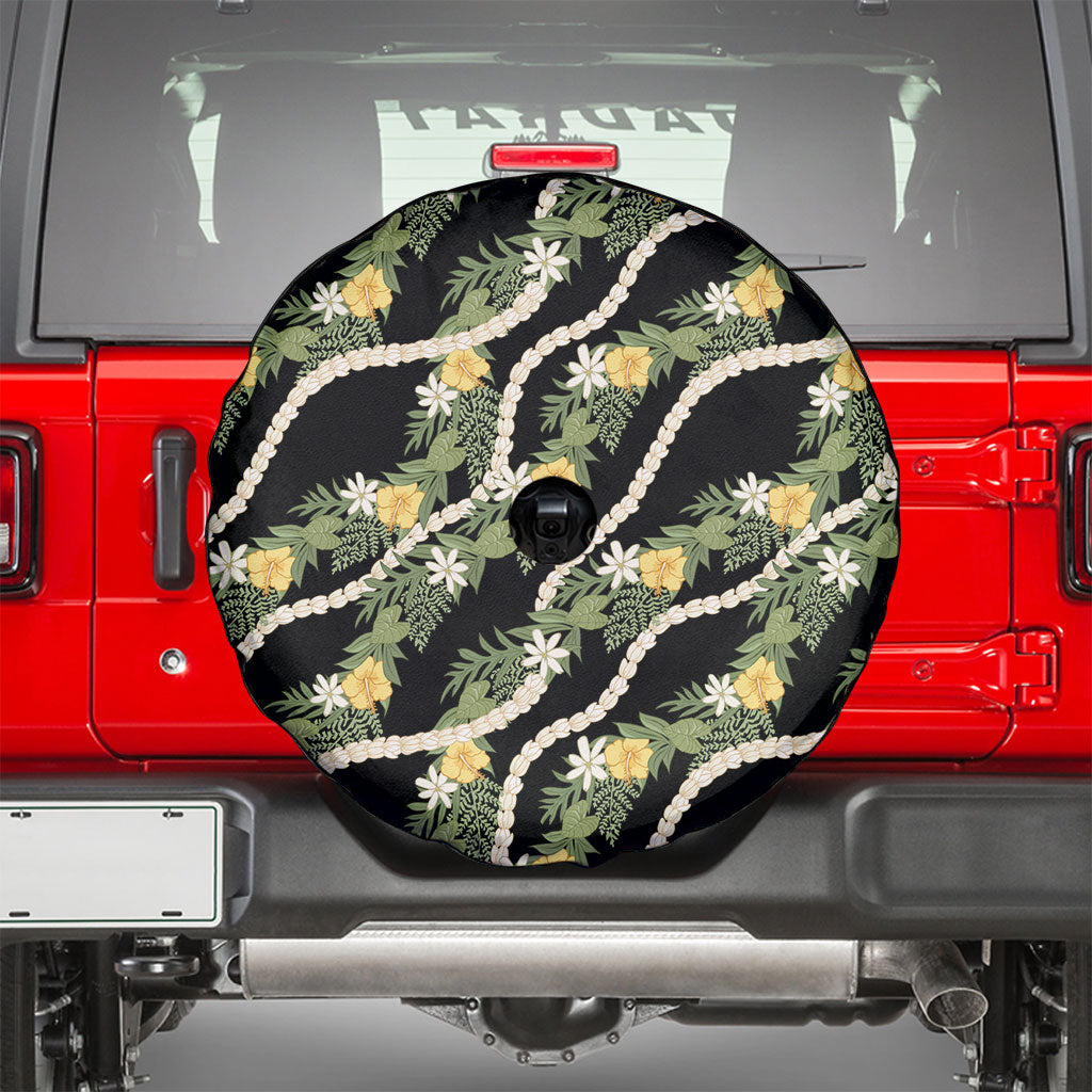 Hawaiian Pikake Maile Lei Spare Tire Cover Tiare Hibiscus Kalo Palapalai Leaf Black