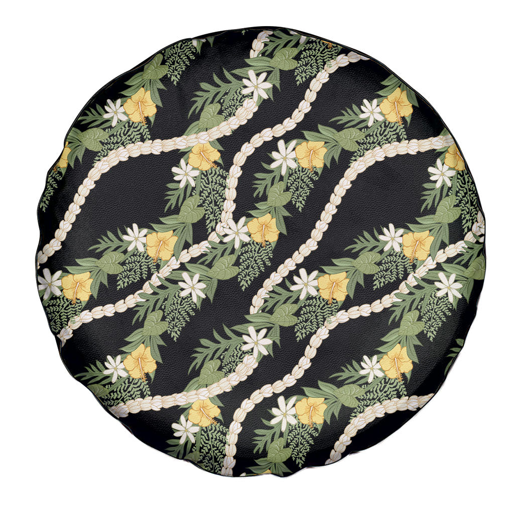 Hawaiian Pikake Maile Lei Spare Tire Cover Tiare Hibiscus Kalo Palapalai Leaf Black