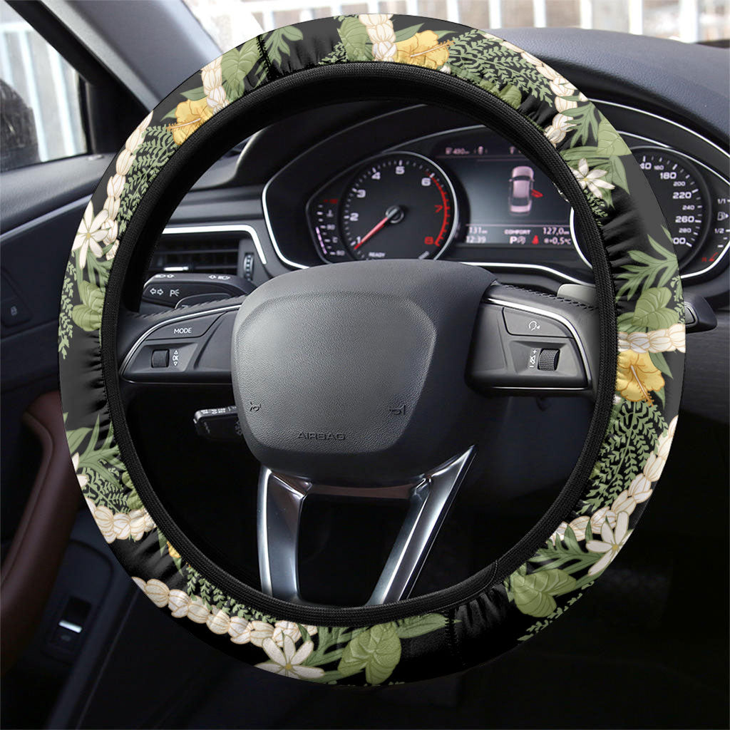 Hawaiian Pikake Maile Lei Steering Wheel Cover Tiare Hibiscus Kalo Palapalai Leaf Black