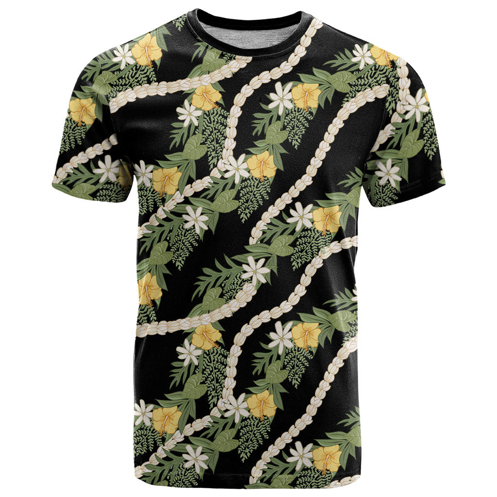 Hawaiian Pikake Maile Lei T Shirt Tiare Hibiscus Kalo Palapalai Leaf Black LT19 Black - Polynesian Pride