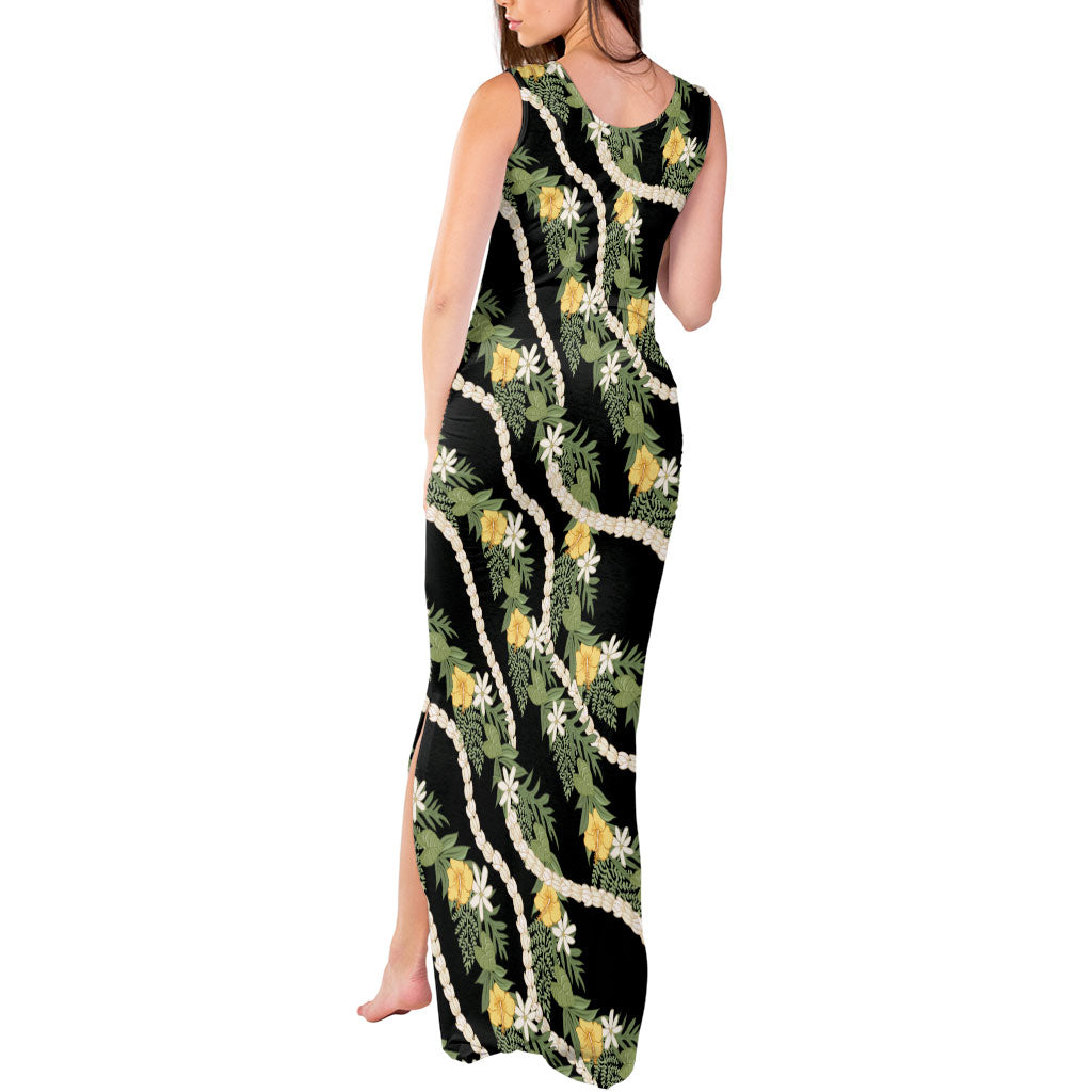 Hawaiian Pikake Maile Lei Tank Maxi Dress Tiare Hibiscus Kalo Palapalai Leaf Black