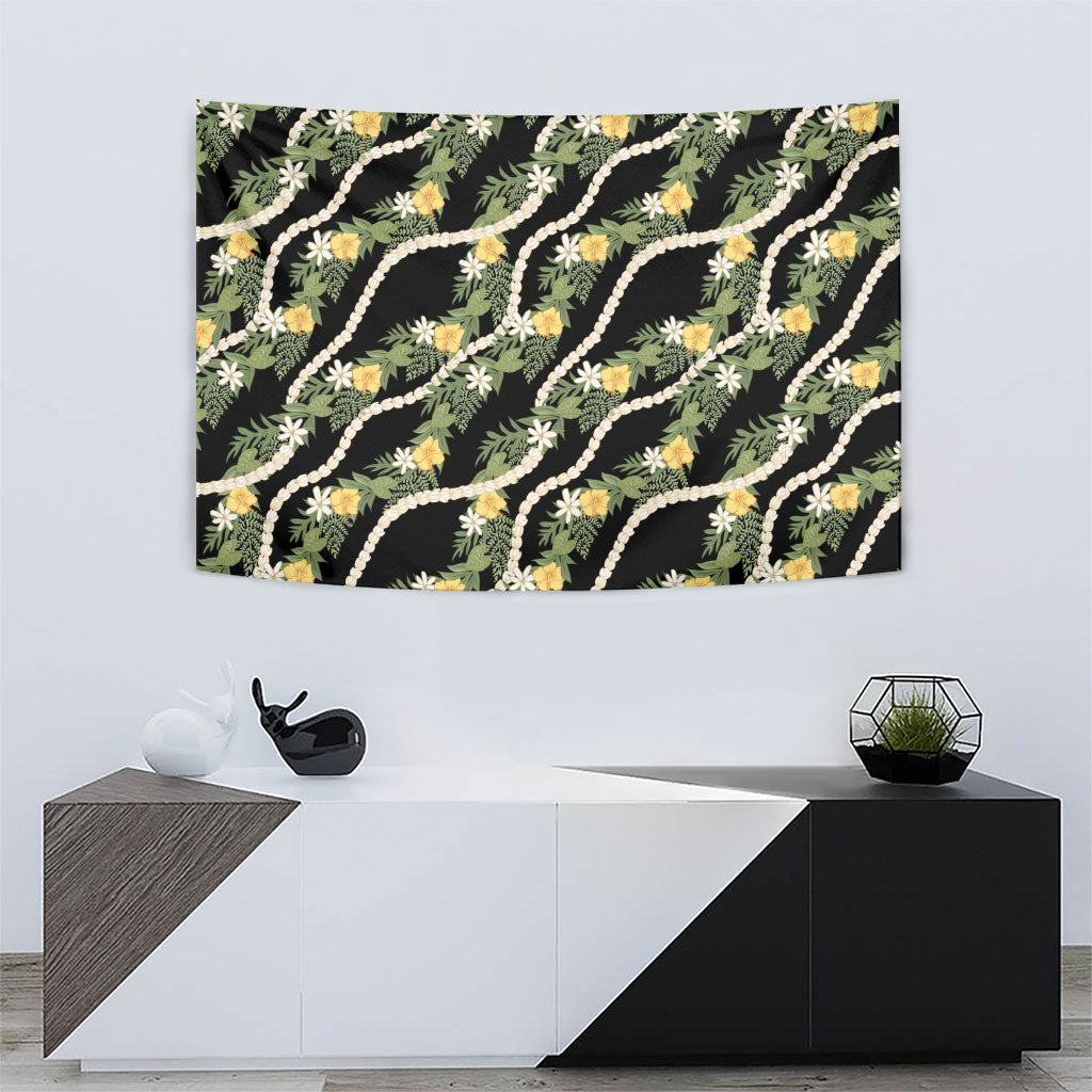 Hawaiian Pikake Maile Lei Tapestry Tiare Hibiscus Kalo Palapalai Leaf Black