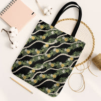 Hawaiian Pikake Maile Lei Tote Bag Tiare Hibiscus Kalo Palapalai Leaf Black LT19 Black Strap One Size Black - Polynesian Pride