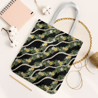 Hawaiian Pikake Maile Lei Tote Bag Tiare Hibiscus Kalo Palapalai Leaf Black LT19 White Strap One Size Black - Polynesian Pride
