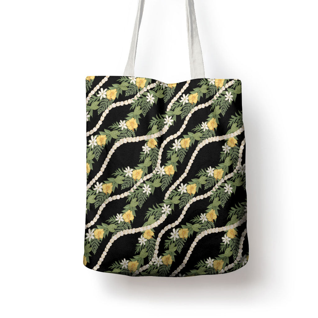 Hawaiian Pikake Maile Lei Tote Bag Tiare Hibiscus Kalo Palapalai Leaf Black LT19 - Polynesian Pride
