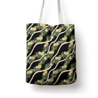 Hawaiian Pikake Maile Lei Tote Bag Tiare Hibiscus Kalo Palapalai Leaf Black LT19 - Polynesian Pride