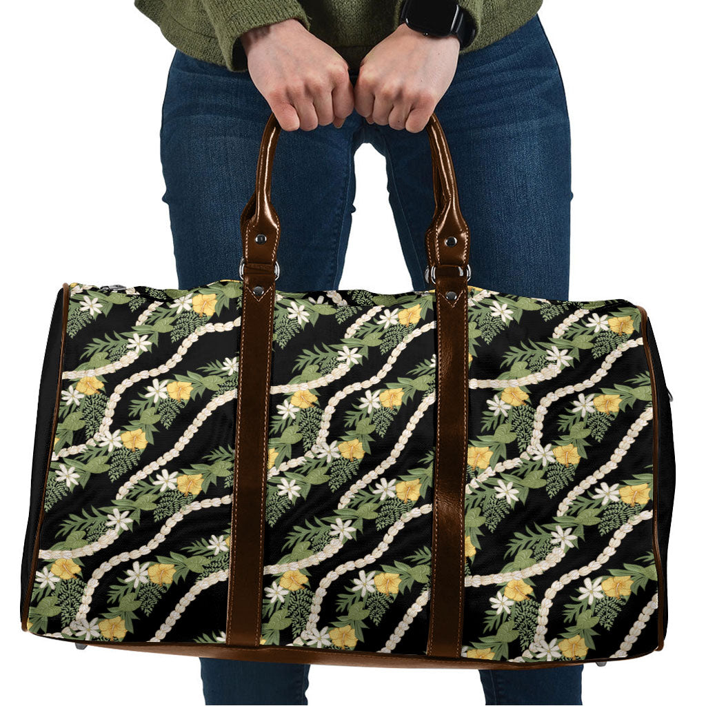 Hawaiian Pikake Maile Lei Travel Bag Tiare Hibiscus Kalo Palapalai Leaf Black