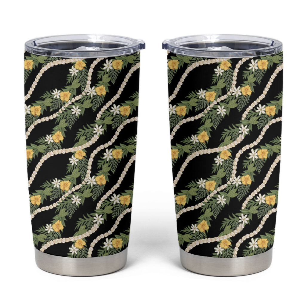 Hawaiian Pikake Maile Lei Tumbler Cup Tiare Hibiscus Kalo Palapalai Leaf Black
