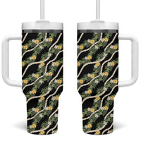 Hawaiian Pikake Maile Lei Tumbler With Handle Tiare Hibiscus Kalo Palapalai Leaf Black