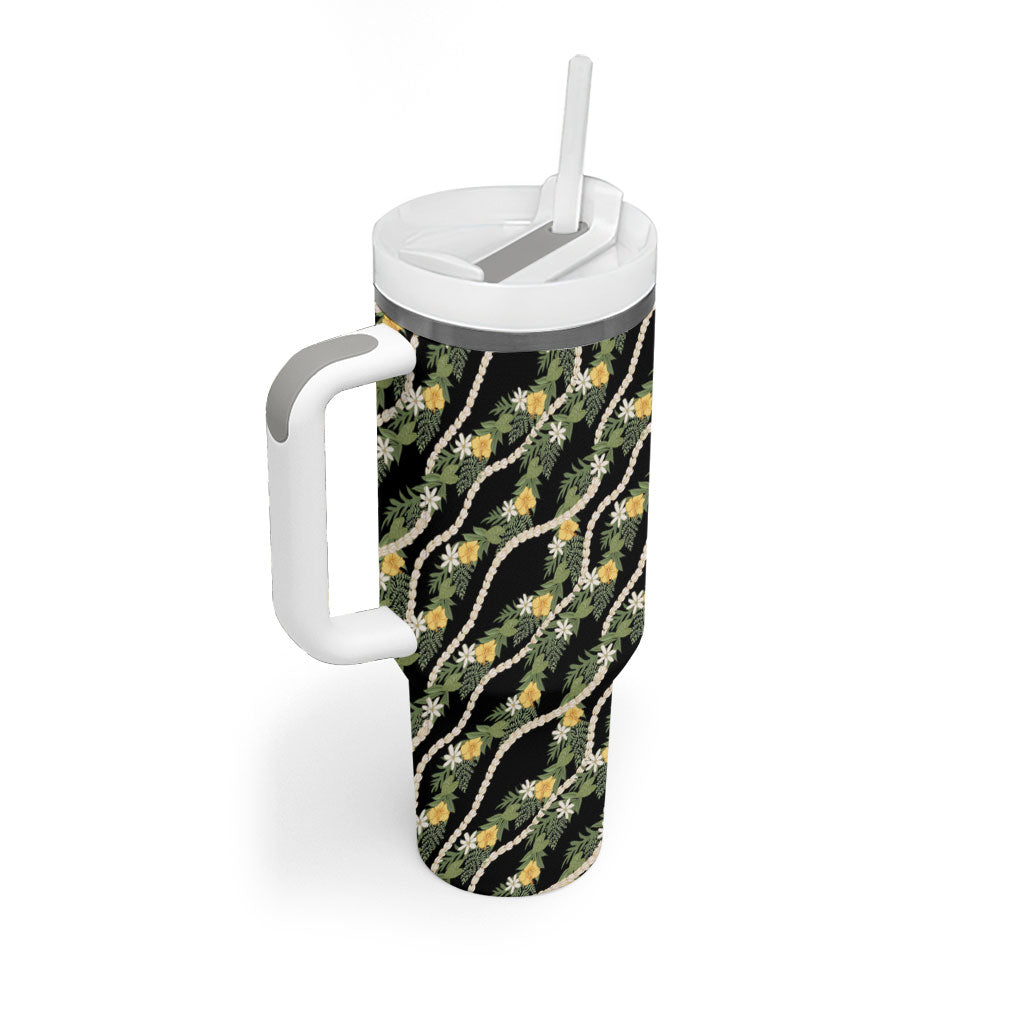 Hawaiian Pikake Maile Lei Tumbler With Handle Tiare Hibiscus Kalo Palapalai Leaf Black