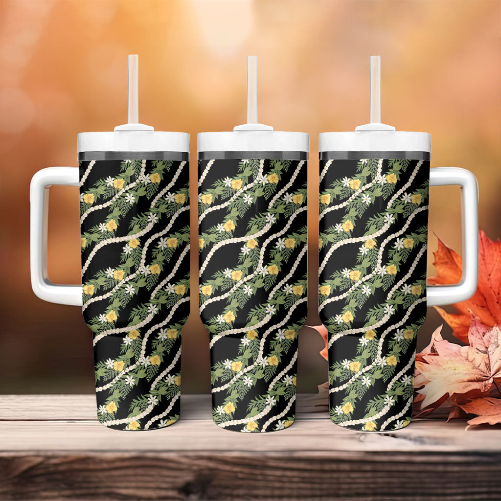 Hawaiian Pikake Maile Lei Tumbler With Handle Tiare Hibiscus Kalo Palapalai Leaf Black
