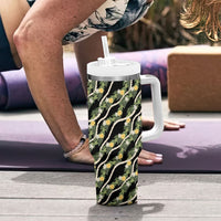 Hawaiian Pikake Maile Lei Tumbler With Handle Tiare Hibiscus Kalo Palapalai Leaf Black