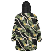 Hawaiian Pikake Maile Lei Wearable Blanket Hoodie Tiare Hibiscus Kalo Palapalai Leaf Black