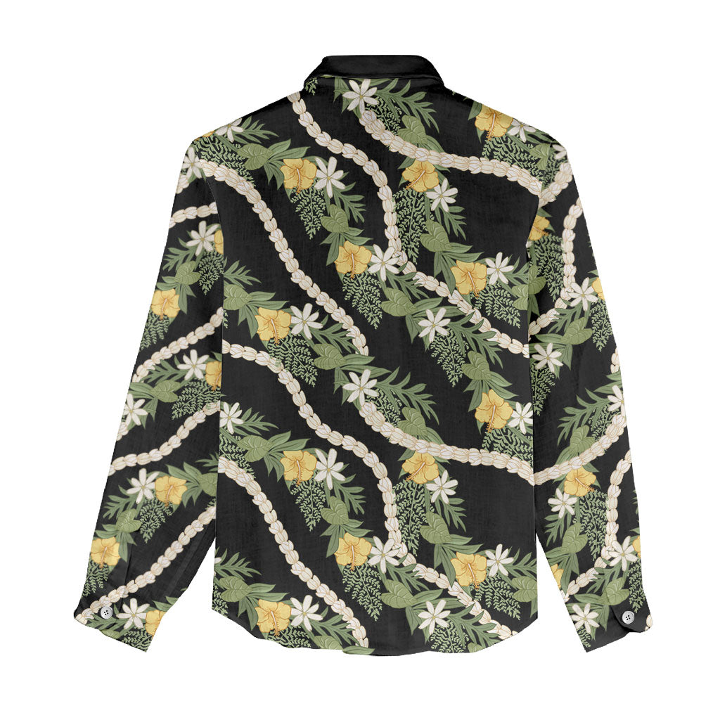 Hawaiian Pikake Maile Lei Women Casual Shirt Tiare Hibiscus Kalo Palapalai Leaf Black