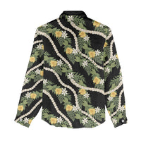 Hawaiian Pikake Maile Lei Women Casual Shirt Tiare Hibiscus Kalo Palapalai Leaf Black